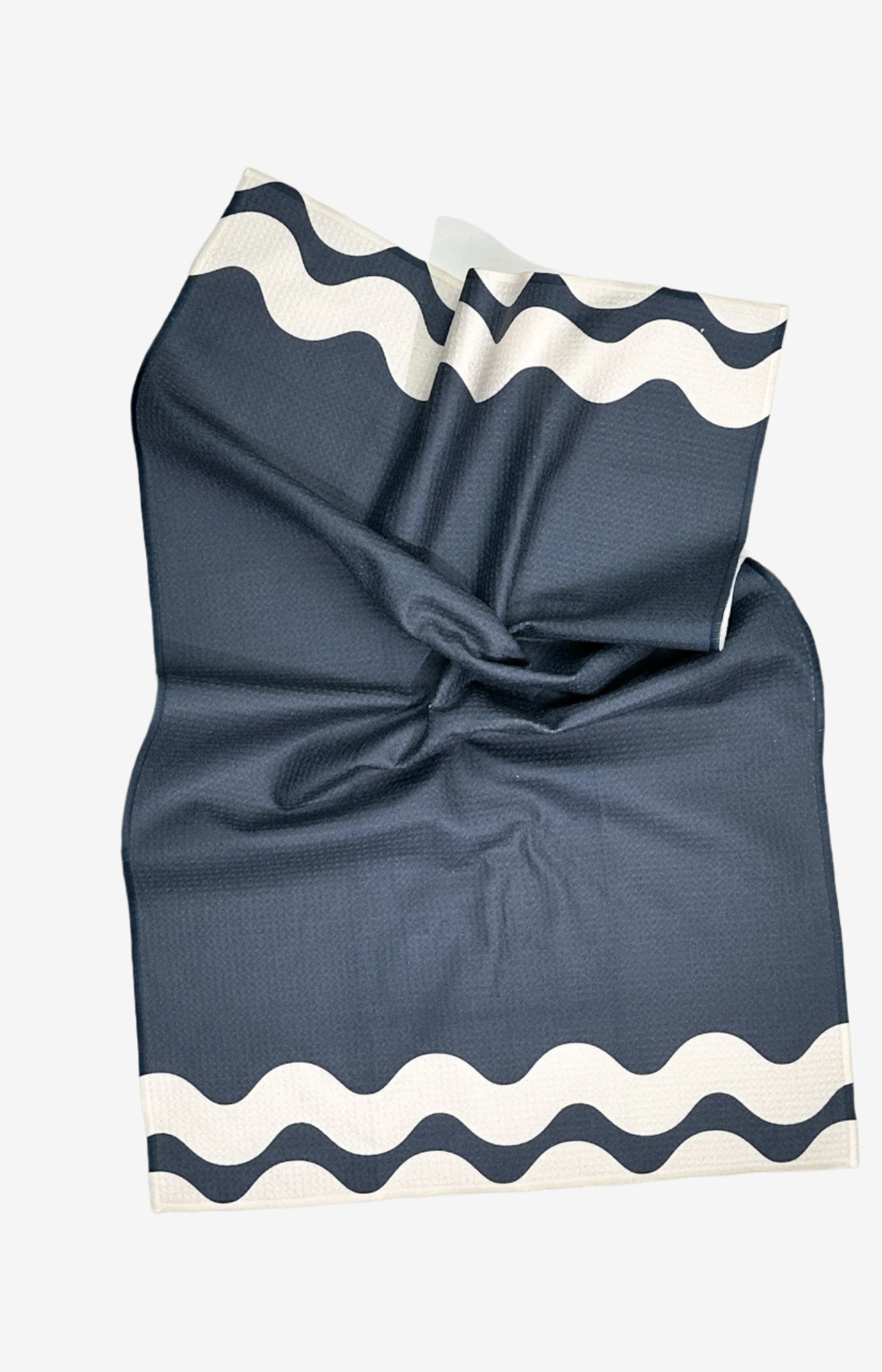 The Shoreline Dish Towel in Navy – eco-friendly kitchen tea towel made from recycled plastic in blue and white