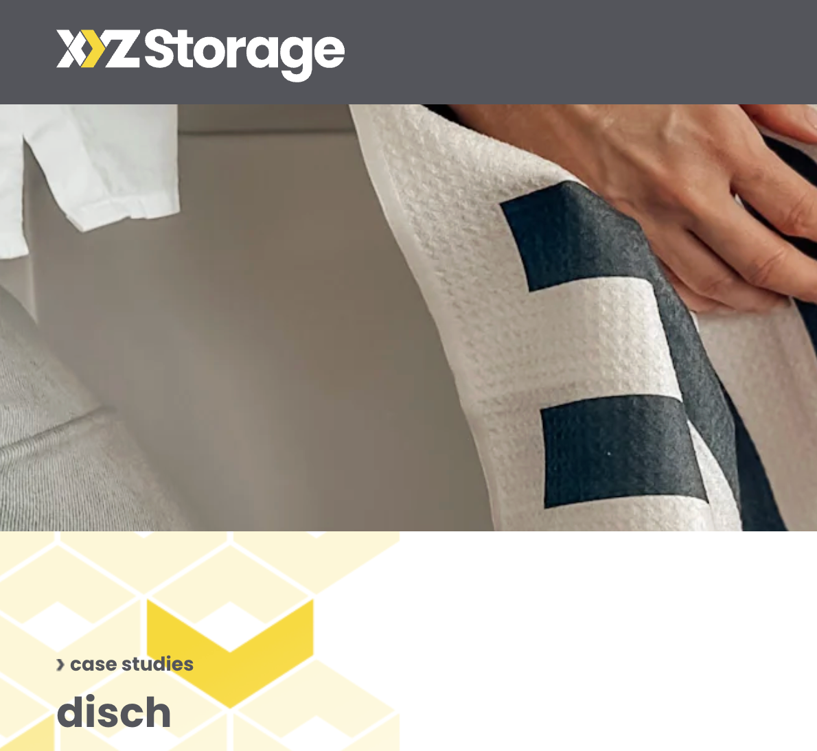 Storage unit with a Dish Towels and 'XYZ Storage' branding.